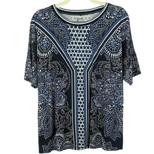 Olsen Eco Friendly Casual Short Sleeve Paisley M/L Top - Navy and White